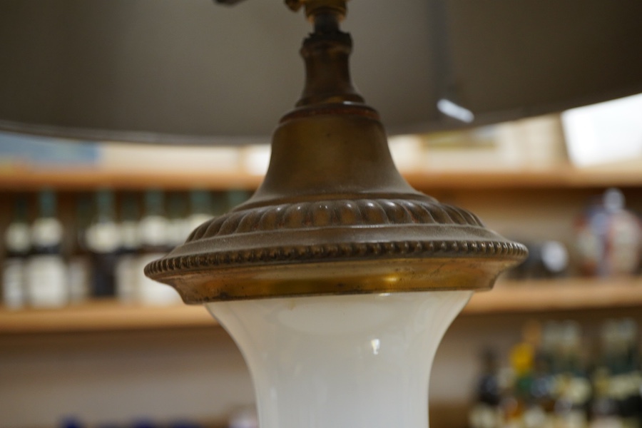 An Etruscan style opaque glass lamp and shade, 75cm high